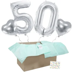 Heliumballon-Geschenk 50. Geburtstag Set Deluxe Silber