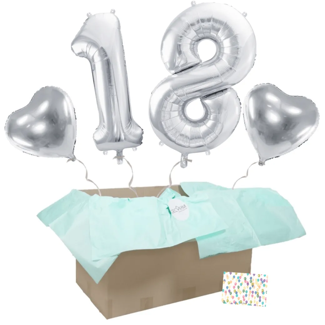 Heliumballon-Geschenk 18. Geburtstag Set Deluxe Silber