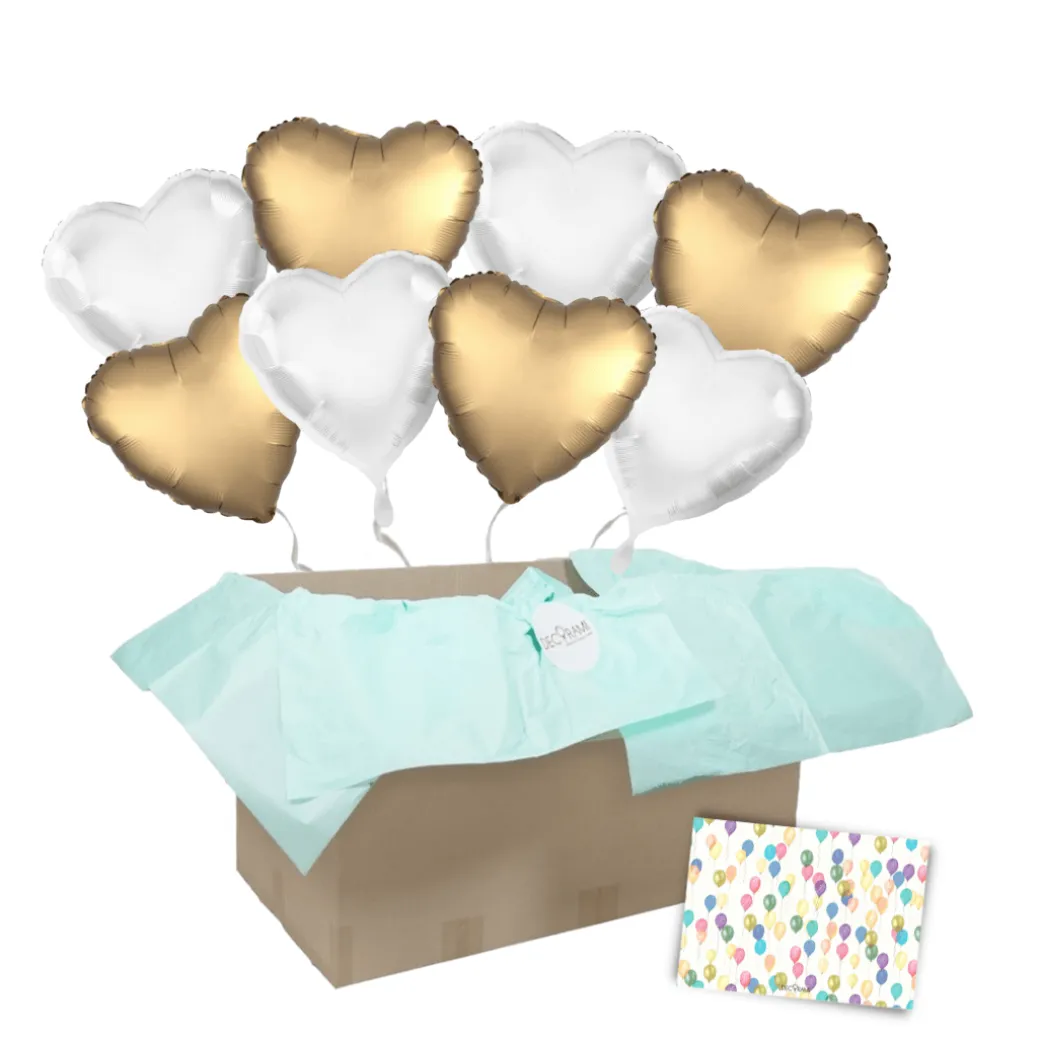 Heliumballon-Geschenk XXL 8 Satin Herzen Golden Deluxe