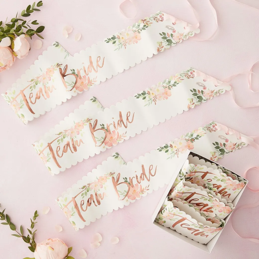 Schärpe "Team Bride" Roségold Floral 6 Stk.