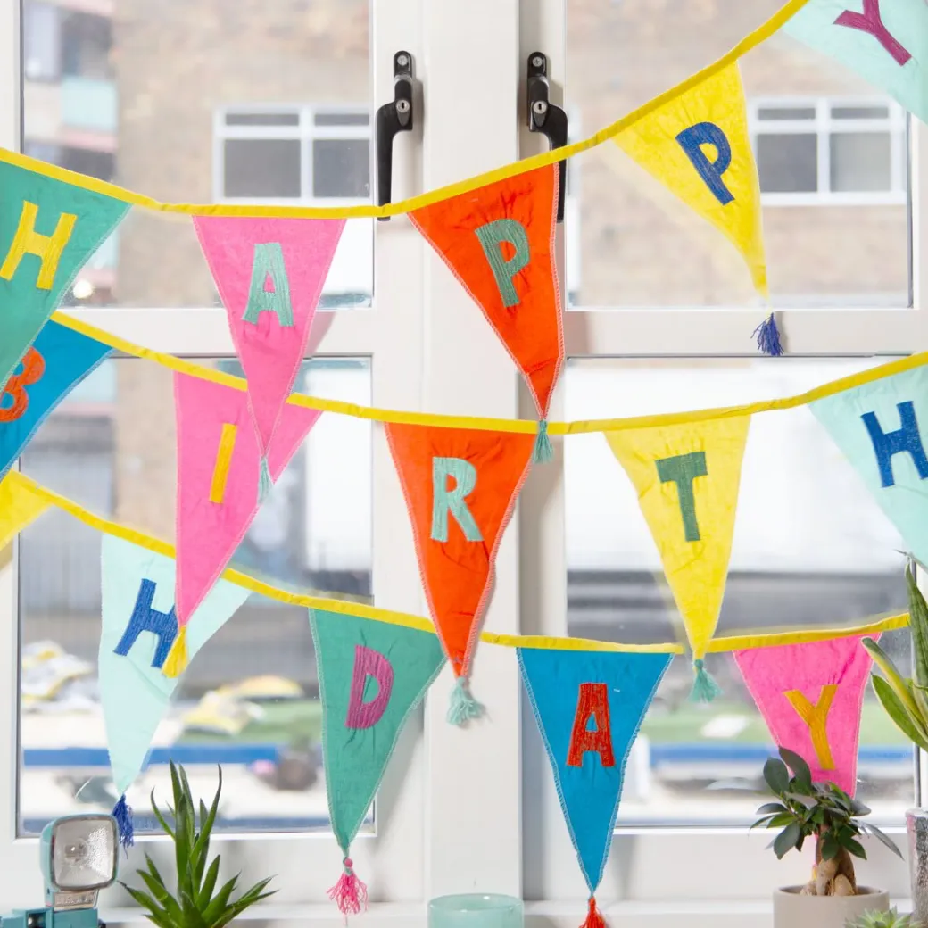 Stoffgirlande "Happy Birthday" Regenbogen